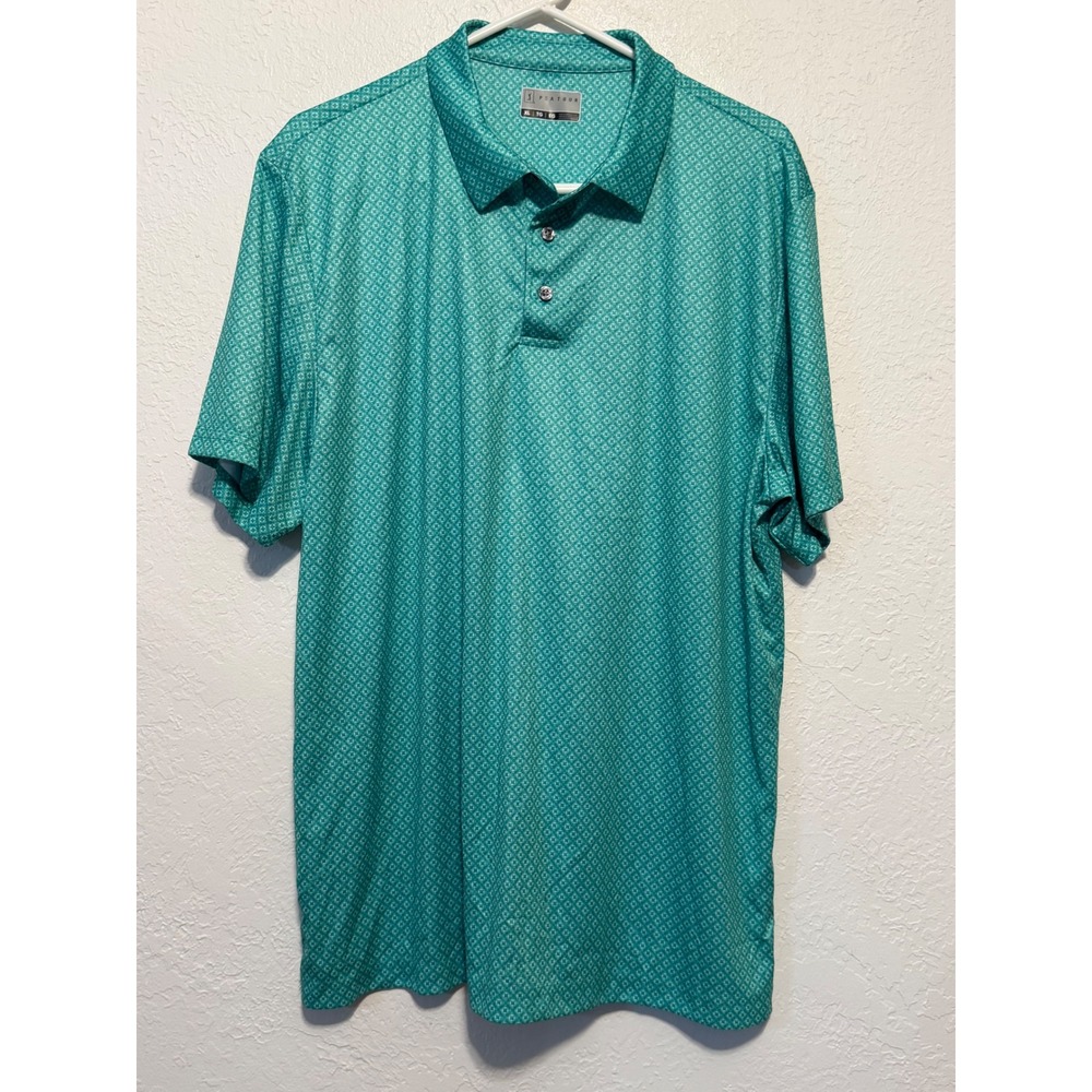 PGA Tour Mens XL Teal Green Geometric Diamond Print Short Sleeve Golf Polo Shirt